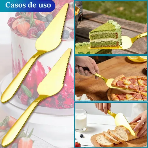 Vista 6 de Juego de servidor de pasteles y tartas Eisinly para boda, elegante juego de servidor y cortador de pizza con bordes dentados grandes de acero Dorado
