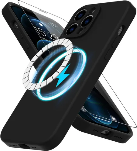 Vista 11 de DEENAKIN Funda magnética de silicona para iPhone 12 Pro con protector de pantalla, compatible con MagSafe, protección de cámara, funda protectora