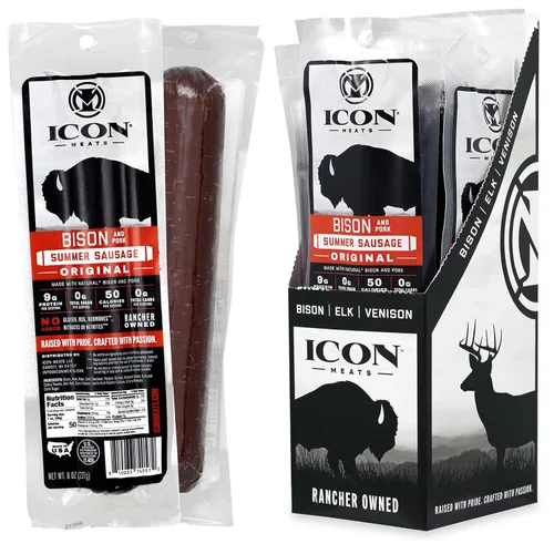 Vista 7 de ICON Meats Bison & Pork Summer Sausage, Garlic Flavor, High Protein, 4 Pack