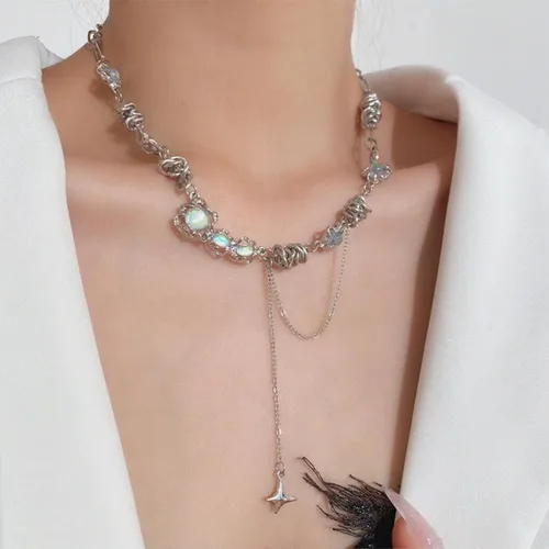 Vista 12 de Y2k - Collar irregular con dije de estrella, piedra de luna, diseño de cadena de moda, joyería de plata picante para mujer