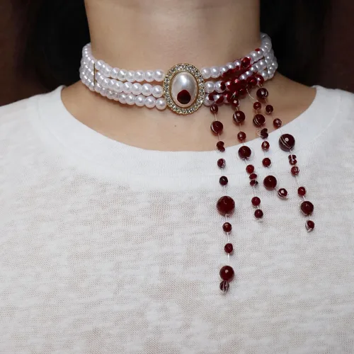 Vista 5 de 3 Layer Necklace for Women, Gothic Imitation-pearls Choker, Bloody Tassels Necklace, Cosplay, Halloween, Horror Jewellery, Dripping Blood Vampire