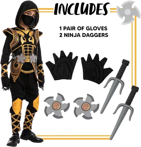 Vista 3 de Spooktacular Creations Disfraz de ninja dorado para niños, disfraz de Halloween, Oro