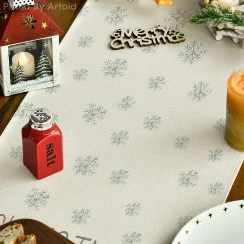 Vista 3 de Artoid Mode - Camino de mesa beige con diseño de árbol de pino y copos de nieve, «Feliz Navidad», decoración de mesa de comedor para fiestas