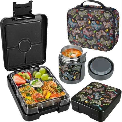 Vista 9 de Pawtong Set de Loncheras Bento con Termo para Sopa de 10oz, loncheras a prueba de fugas con 4 compartimentos, termo para alimentos calientes