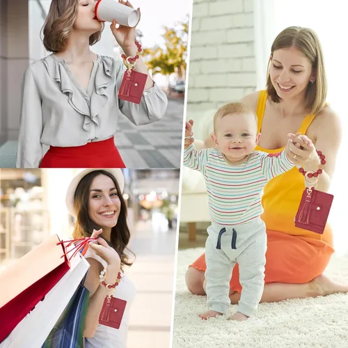 Vista 6 de Cartera llavero pulsera para mujer, delgado RFID tarjeta de crédito, monedero, borla llavero brazalete para hombres y mujeres, Carmesí, Rfid