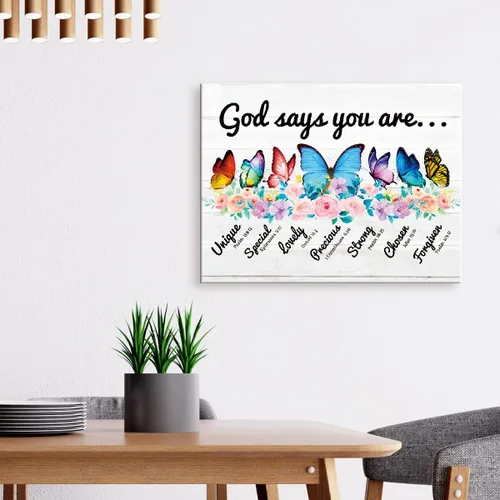 Vista 3 de Lienzo decorativo para pared con texto en inglés "God Says You Are", con versículos bíblicos inspiradores para mujeres y niñas, decoración de pared