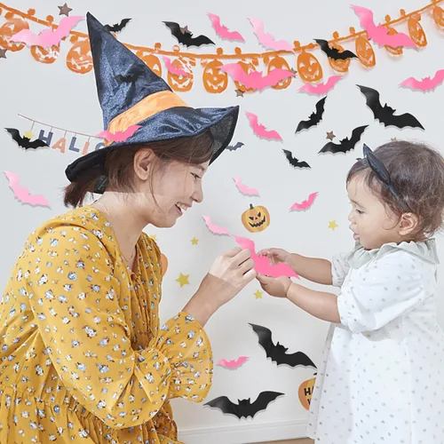Vista 4 de Decoración 3D de murciélagos de pared de Halloween, 48 calcomanías y calcomanías de murciélagos de PVC rosa para el hogar, tema espeluznante