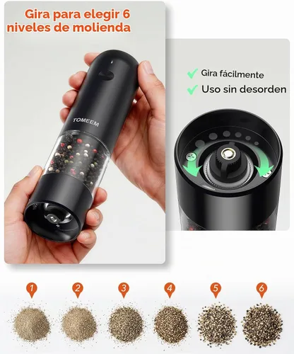 Vista 3 de Juego de molinillo de sal y pimienta eléctrico de TOMEEM con luces LED – Molinillo automático recargable de sal y pimienta con 6 ajustes de grosor