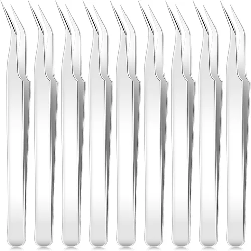 Vista 10 de Honoson 9 pinzas curvadas puntiagudas para manualidades, pinzas de precisión de acero inoxidable con cubierta protectora para diamantes