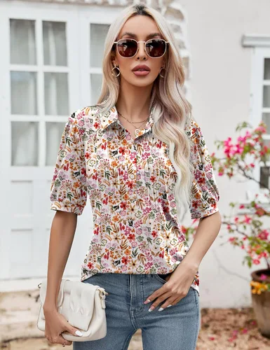 Vista 4 de Micoson Blusas para mujer, estilo casual, de manga corta, con botones, cuello redondo, holgada, túnica de verano 2023