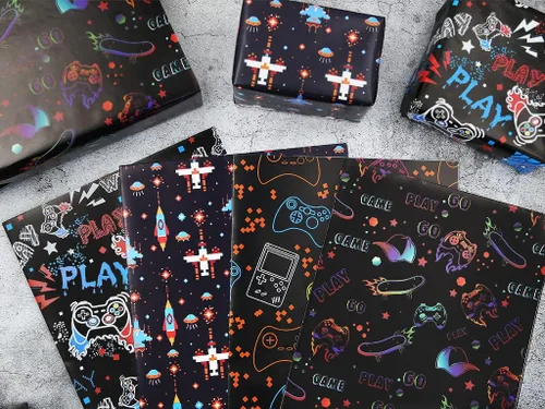 Vista 7 de Geluode Papel de regalo de cumpleaños para niños y niñas, amantes de los videojuegos, papel de regalo de videojuegos de 4 estilos, 8 hojas plegadas
