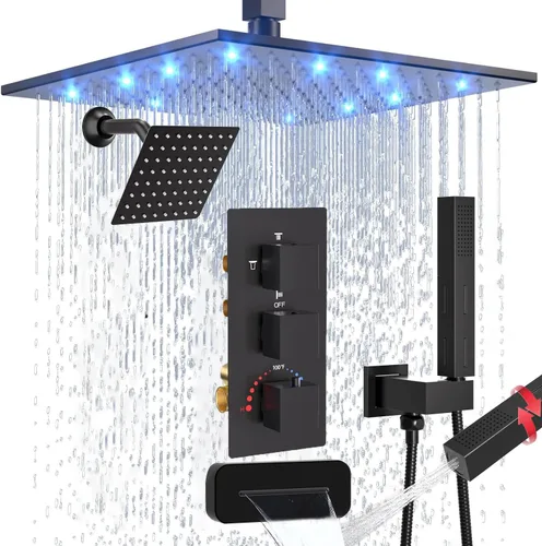 Vista 8 de Enga Juego de grifo de ducha termostático, cabezal de ducha LED de 12 pulgadas con cabezal de ducha doble de 6 pulgadas, juego de grifo de ducha