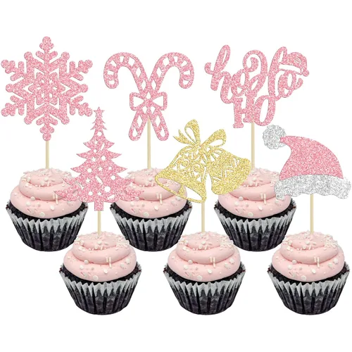 Vista 13 de Gyufise 24 piezas Adornos de pastel para revelación de género de Navidad con purpurina, sombrero navideño de Navidad, adorno de pastel de él o ella