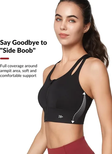 Vista 3 de Yvette Sujetadores deportivos para mujer de alto impacto con cremallera frontal, brasier deportivo de alto soporte, busto grande para entrenamiento