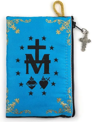 Vista 4 de Bolsa de rosario católico, corazón inmaculado de la Virgen María y símbolo de medalla milagrosa, joyería de 4 x 6 pulgadas y monedero con cruz
