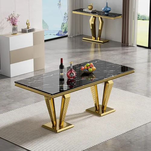 Vista 3 de Mesa de comedor de mármol negro para 4, 6, 70 pulgadas, moderna mesa de comedor de cocina dorada con base de acero inoxidable con diseño