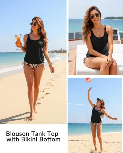 Vista 2 de Holipick Traje de baño tankini de dos piezas para mujer, con control de abdomen, parte superior tankini modesta con parte inferior de bikini