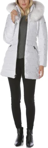 Vista 32 de Laundry by Shelli Segal Chaqueta acolchada elástica para mujer, abrigo largo de invierno con capucha de piel sintética
