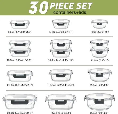 Vista 7 de BAYZZ Juego de 30 piezas de recipientes de vidrio para almacenamiento de alimentos, recipientes de vidrio para preparación de comidas con tapas