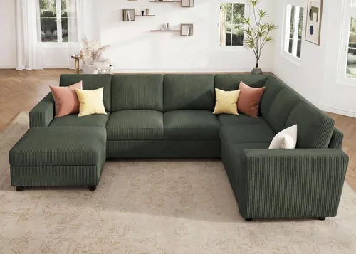 Vista 16 de HONBAY Sofá modular de pana con almacenamiento, sofá en forma de U con diván, sofá modular de 7 plazas para sala de estar, color beige