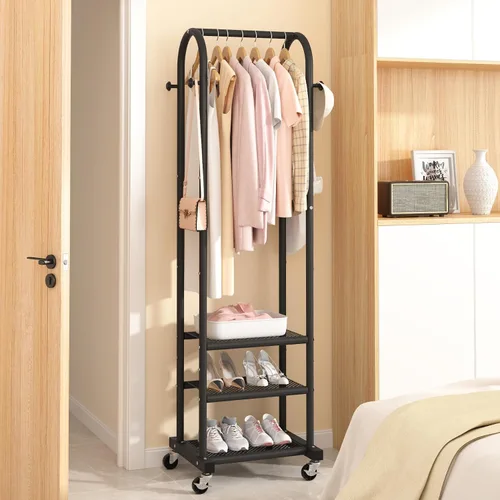 Vista 5 de Kaitiemoo Perchero de ropa resistente con ruedas, moderno perchero con 3 estantes de metal, estante de exhibición de 71.8 pulgadas para colgar ropa