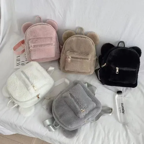 Vista 7 de Mochila mullida de oso lindo para niñas, kawaii suave, peluda, casual, mini mochila de felpa para la vuelta a la escuela, regalos para niñas, gris