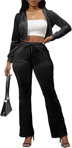 Vista 5 de PINSV Conjunto de 2 piezas de terciopelo para mujer, sudadera con capucha y cremallera para correr, conjunto de entrenamiento