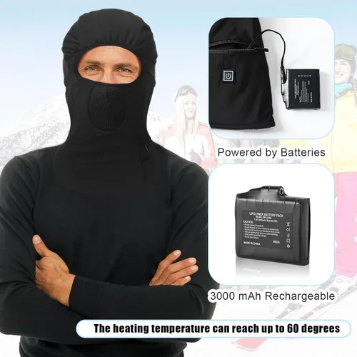 Vista 5 de 2 pasamontañas calefactables, máscara facial eléctrica, funciona con pilas, gorro de esquí recargable, polaina de cuello de invierno, 3 ajustes