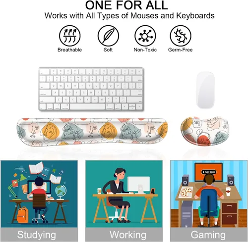 Vista 6 de Almohadilla de reposamuñecas para teclado ampliada, kit ergonómico de reposamuñecas para teclado y mouse con cojín de espuma viscoelástica, soporte