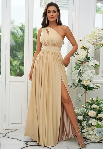 Vista 4 de VCCICANY Vestido de dama de honor de un hombro para mujer con abertura largo plisado de gasa vestido de baile