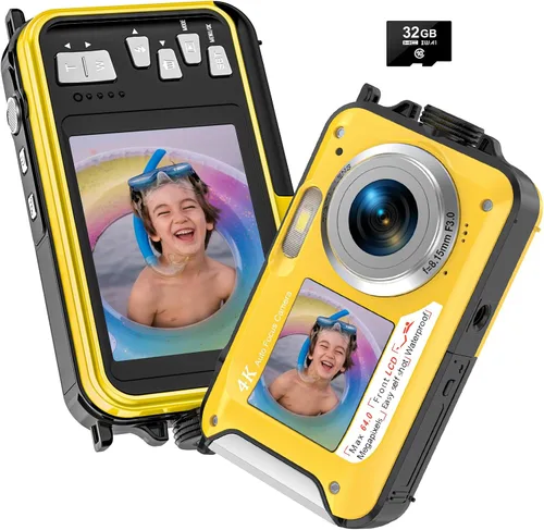 Vista 9 de Cámara subacuática 4K de 64 megapíxeles de enfoque automático de 16 pies, cámara impermeable de doble pantalla, selfie 16X, cámara subacuática