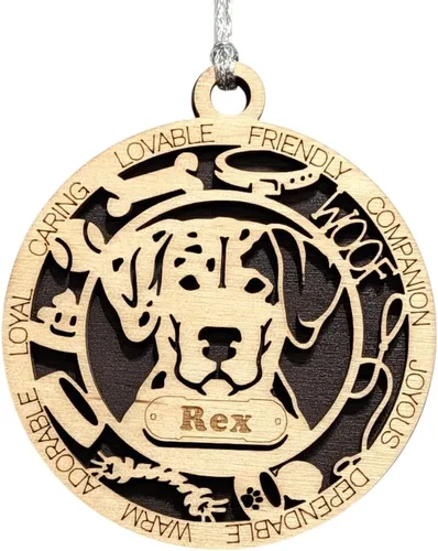 Vista 197 de Adorno de Navidad personalizado para perro Cavalier King Charles Spaniel, redondo de 3 pulgadas, madera cortada con láser de 2 capas, nombre y texto