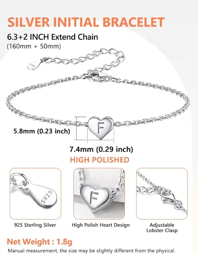 Vista 3 de Silvora Pulseras de plata de ley 925 con inicial de corazón A-Z, pulseras de letras de la A a la Z, pulsera delicada para mujer