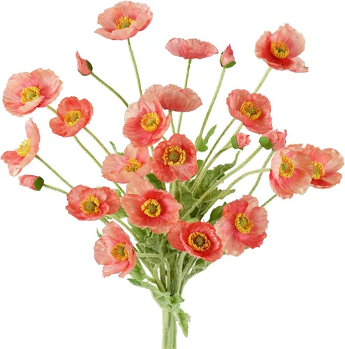 Vista 16 de FiveSeasonStuff Ramo de flores artificiales de amapolas de seda para recuerdo, hogar, boda, 22 pulgadas, 6 tallos (azul hielo antártico)
