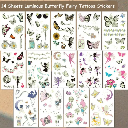 Vista 2 de CHARLENT Tatuajes de mariposa luminosos para niños, 14 hojas que brillan en la oscuridad, tatuajes temporales de hadas de mariposa para niñas