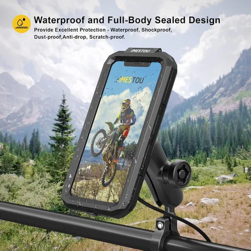 Vista 5 de iMESTOU Soporte inalámbrico impermeable para motocicleta con cargador rápido USB-C, soporte antirrobo de teléfono de bola de 1 pulgada con base