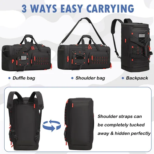 Vista 4 de Bolsa de gimnasio para hombres y mujeres con compartimento para zapatos y laptop, bolsa de viaje deportiva 3 en 1, Negro + rojo, Modas