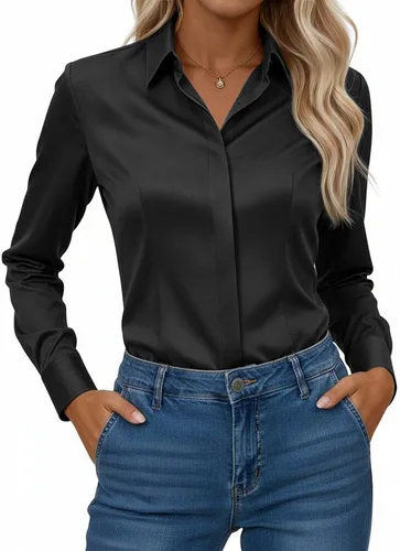 Vista 13 de Gleeivy Camisa con botones para mujer, solapa con botones ocultos, ligera, transpirable, resistente a las manchas, manga larga, trabajo e informal