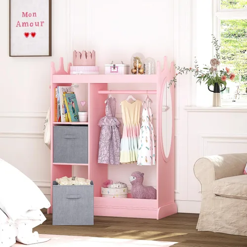 Vista 2 de UTEX Armario guardarropa para niños con espejo y contenedor de almacenamiento, rosa, 33.4 pulgadas de ancho x 15.75 pulgadas de profundidad x 44.5