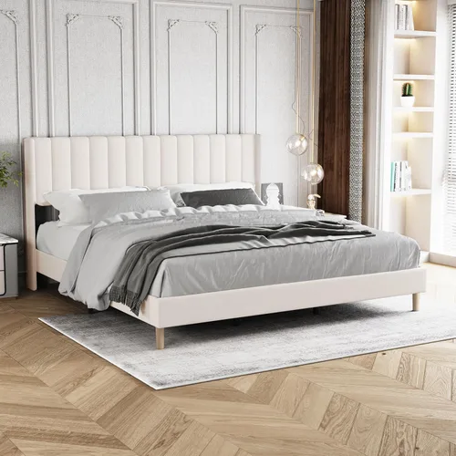 Vista 32 de Base de cama tapizada de tamaño individual con cabecero, listones de madera fuertes, no necesita somier, fácil montaje, terciopelo beige