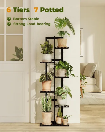 Vista 4 de Bamworld Soporte de bambú para plantas de interior con 6 niveles, estante de plantas de exterior, soporte de esquina para múltiples plantas, soporte