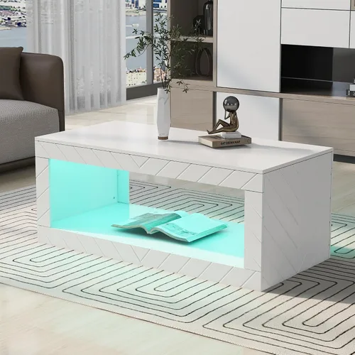 Vista 8 de LUMISOL Mesa de centro LED con almacenamiento abierto, moderna mesa de centro de alto brillo con 16 luces LED de colores, mesa central rectangular