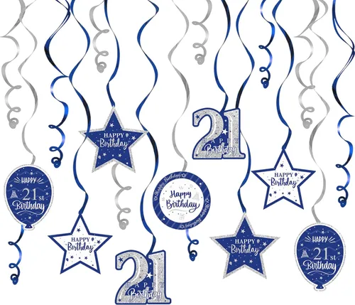 Vista 75 de Decoración de fiesta de serpentinas con purpurina azul y plateada de feliz 11º cumpleaños, 15 piezas de remolinos colgantes de 11 cumpleaños, cartel