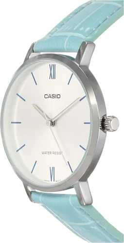 Vista 2 de Casio LTP-VT01L-7B3 - Reloj analógico con esfera plateada y correa de piel azul para mujer