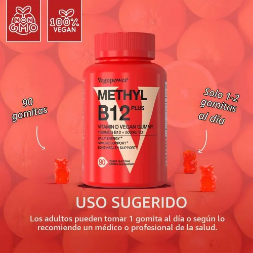 Vista 8 de Gomitas veganas con vitamina B12 D3, sabor a naranja, 90