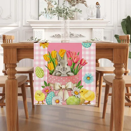 Vista 2 de Camino de mesa de Pascua a cuadros de búfalo rosa y blanco, huevo de Pascua, conejito, margarita, tulipán, decoración de mesa floral, primavera