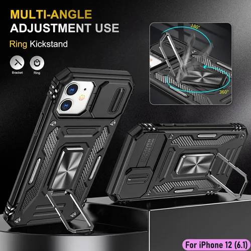 Vista 5 de Funda resistente para Apple iPhone 12, protección híbrida de goma de doble capa de grado militar con protector de cámara deslizante, soporte