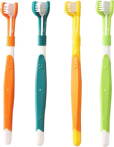 Vista 6 de Cepillo de dientes para perros, cepillo de dientes de 3 caras, 4 cepillos de dientes de triple cabeza para perros para el cuidado dental con cerdas