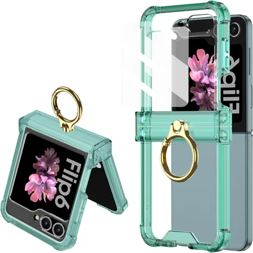 Vista 10 de Funda transparente para Samsung Galaxy Z Flip 6, protección de bisagra de lujo con soporte de anillo y protector de pantalla, funda suave todo Negro