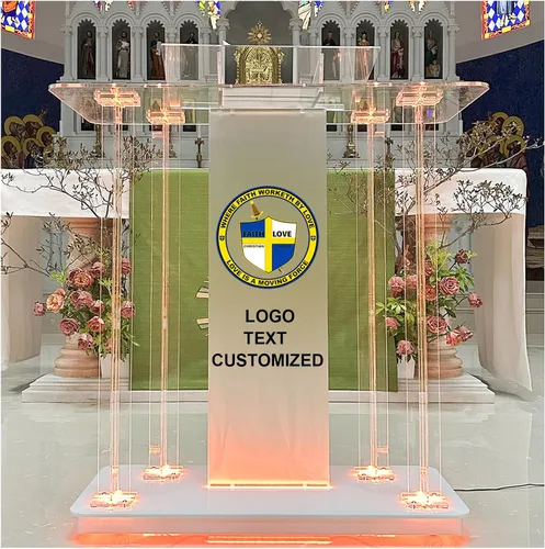 Vista 7 de Púlpito de iglesia con cubierta y luces LED, púlpitos acrílicos de 46 pulgadas para iglesias, soporte de podio transparente con ruedas y plataforma